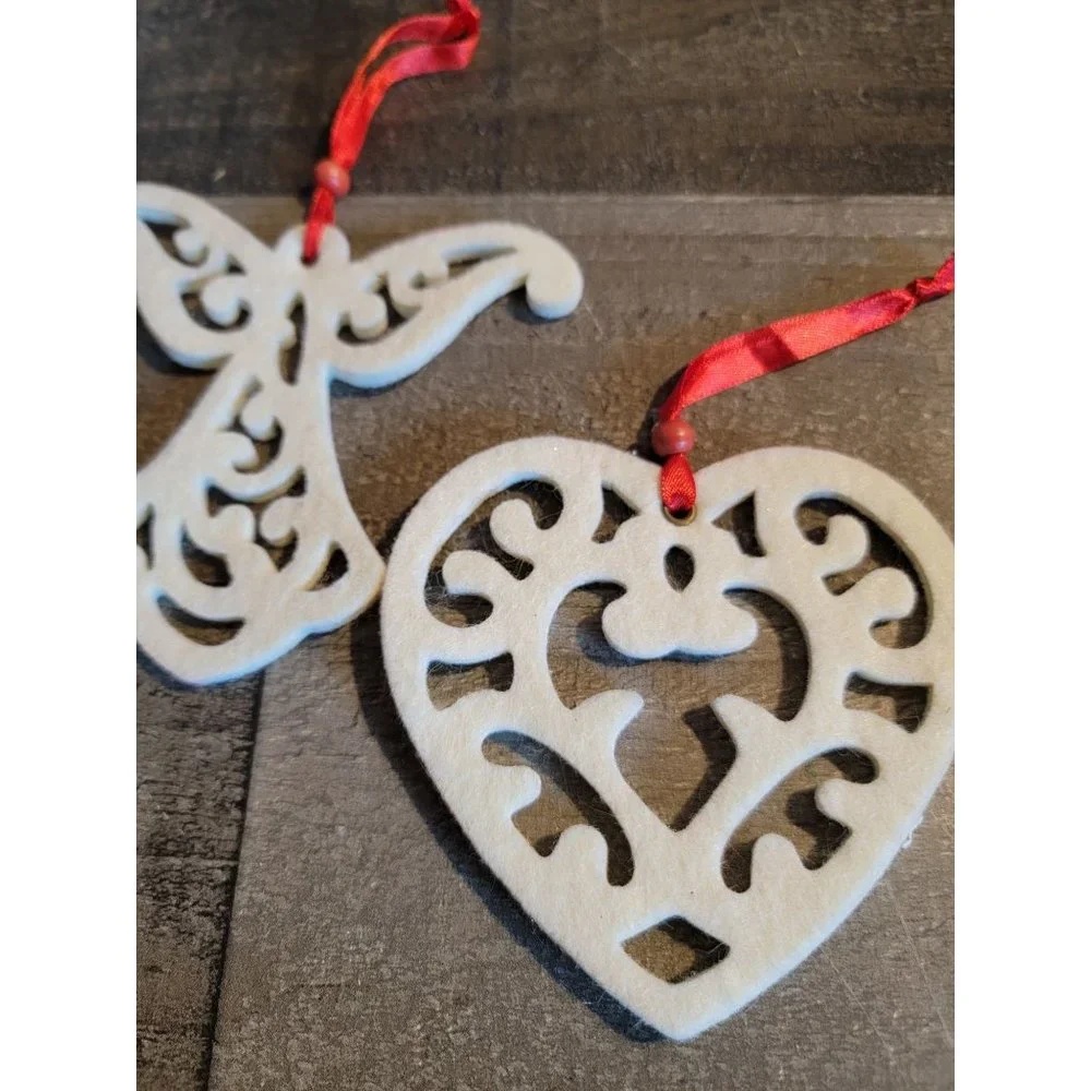 Vintage White felt heart angel ornament set of 2 Xmas holiday tree home decor‎